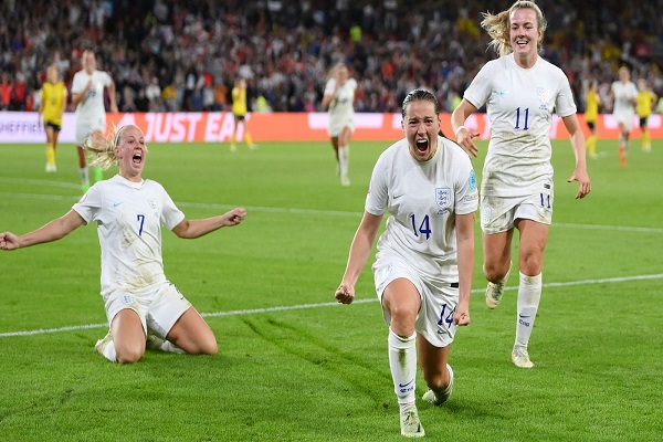 English forward Alessia Russo (center) celebrates after scoring their third goal against Sweden